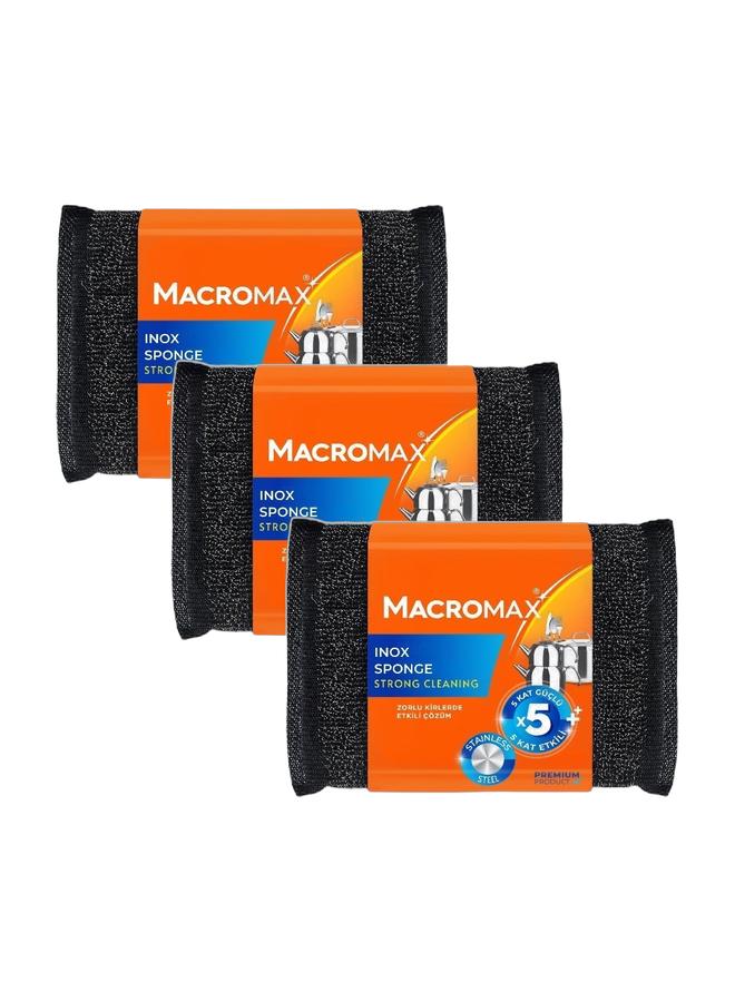 Macromax مجموعة إسفنج ماكروماكس إينوكس 3 قطع - إسفنجة تنظيف مزدوجة المفعول من الفولاذ المقاوم للصدأ والرغوة للأواني والمقالي - Image 1